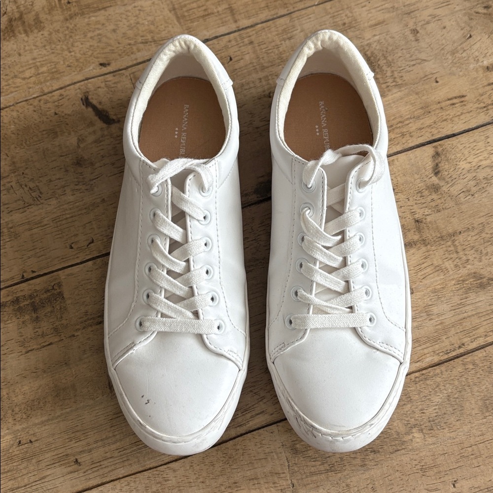 White Faux Leather Lace-Up Sneakers